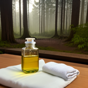 Kräuter-Ölmassage Ätherisches Öl mit Handtuch und Tannenzapfen